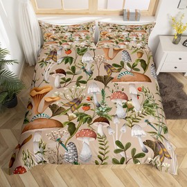 Castle Fairy - Juego de funda de edredón con diseño de hongos, tamaño individual, 2 piezas, acuarela, plantas de selva salvaje, estilo rústico, para niños, adolescentes, adultos, polilla de libélula salvaje, bonita funda de edredón con 1 funda de almohad