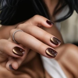 Uñas postizas cuadradas cortas con diseño de ojo de gato, color marrón, brillantes, acrílicas, brillantes y adhesivas, para decoración de uñas de muje