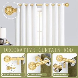 TANGWIN 2 Pack Gold Curtain Rods for Windows 28 to 48 Inch(2.3-4Ft),1 Inch Adjustable Curtain Rod,Heavy Duty Curtain Rods,Netted Texture Finial Drapery Rods,Single Window Curtain Rod 18-45",Brass Gold