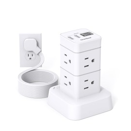 Tower Surge Protector Power Strip 10 ft,Long Flat Extension Cord with Multiple Outlets, 8 AC Outlets with 4 USB Ports, Desktop Charging Station for Multiple Devices, for Home Office College Dorm