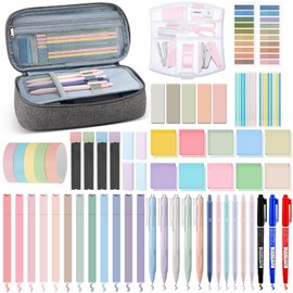 Sinload 60 Pcs Aesthetic Book Annotation Kit Gray Pencil Case with Highlighter Gel Pen Mechanical Pencil Magnetic Bookmarks Transparent Sticky Note Tabs Mini Office Supplies