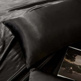 HommxJF Black Satin Pillowcases Queen Size Set of 2 for Hair and Skin,Black Silk Pillowcase Breathable Pillowcase with Envelope Closure