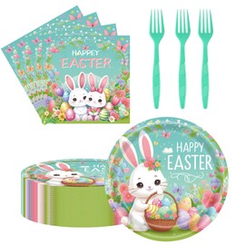 75 Pcs Easter Tableware Set Party Supplies,Green Pattern Happy Easter Bunny Party Decorations Paper Plates Napkins Forks for Kids Easter Spring Birthday Baby Shower, Serve 25