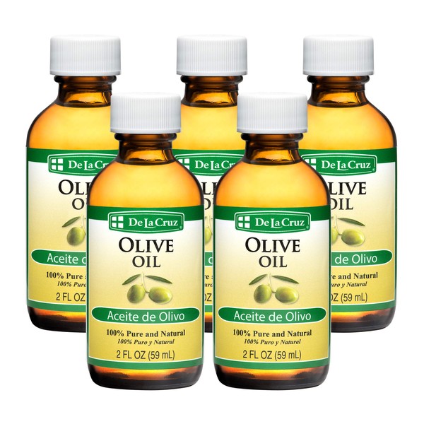 De La Cruz Pure Olive Oil - Natural Expeller Pressed Olive Oil for Hair and Skin - Lightweight Body Oil for Dry Skin 2 Fl Oz (5 Bottles)