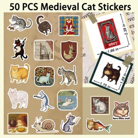 50PCS Medieval Cat Stickers Vintage Aesthetic Stickers Retro Cat Party Favors Medieval Cat Decoration Waterproof Vinyl Stickers