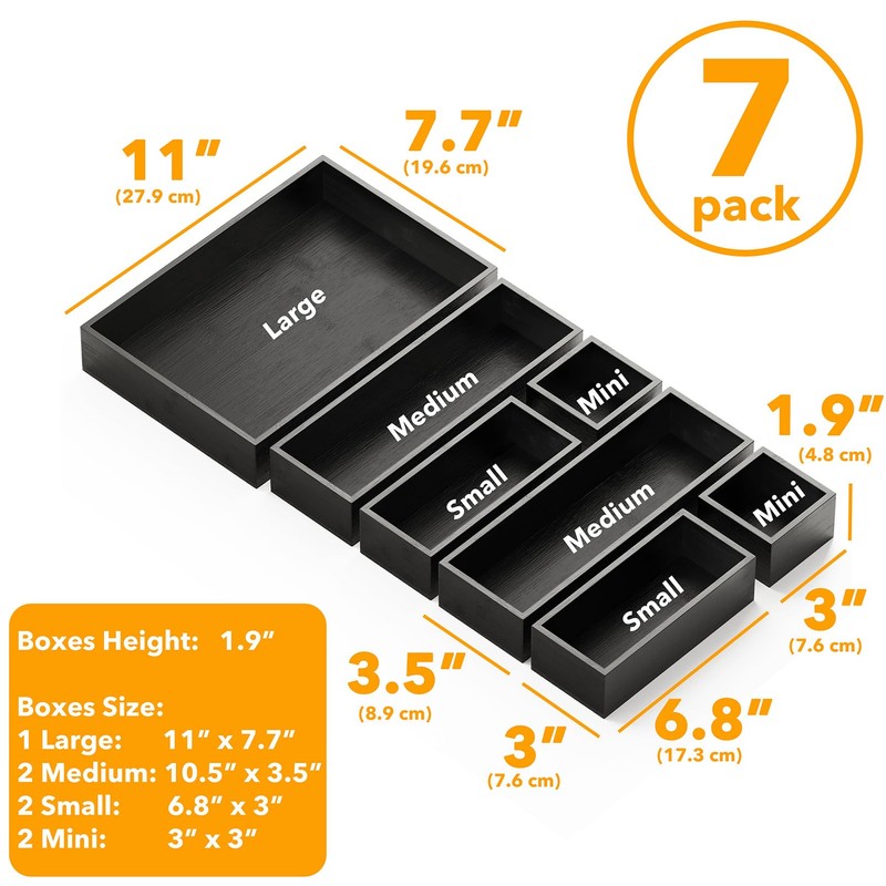 SpaceAid 7-Piece Bamboo Drawer Organizer Storage Boxes Set, Wood Tray