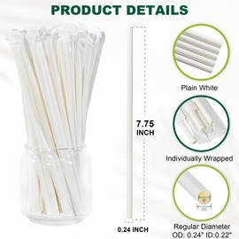 Chunspak 7.75 Inch Disposable Paper Drinking Straws Bulk Individually Wrapped, 0.24" Dia. (Plain White, 400 ct.) - Biodegradable and Compostable