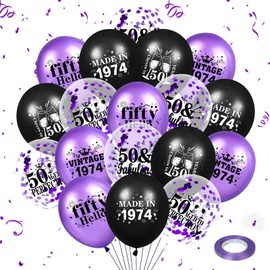 50th Birthday Balloons for Women 18Pcs Purple Vintage 1974 Birthday Party Decorations Balloons Purple Happy 50th Birthday Confetti Latex Balloons for 50th Birthday Anniversary Party Supplies 12 Inch