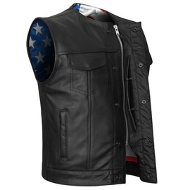 Mens Old Glory Leather Motorcycle Vest with Dual Conceal Carry Pockets, SOA Biker Colarless Club Vest with American Flag Liner (Black, Large)