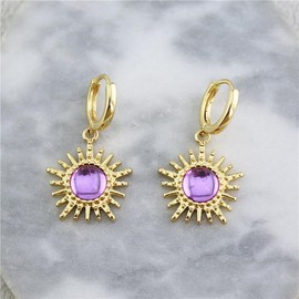 Purple Crystal Sun Dangle Small Hoop Earrings for Women Her Vintage Statement Sunburst Drop Earring Boho Sunshine Charm Summer Beach Huggie Hoops Cartilage Hypoallergenic Fashion Birthday Jewelry