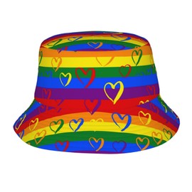 Gay Pride Rainbow Colored Valentine Heart Bucket Hats Fashion Sun Cap Packable Outdoor Fisherman Hat for Women and Men