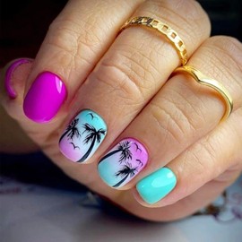 Short Press on Nails Square Shaped Fake Nails with Designs Coconut Tree Gel Glue on Fingernails Summer Acrylic Nails Pink Green Gradient Artificial Nails Glossy Stick on Nails for Women