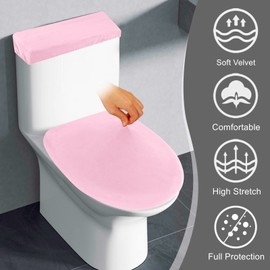 AZHCHKE Funda de terciopelo elástico para tapa de inodoro y tapa de tanque de inodoro, juego de funda de tapa de inodoro súper suave para baño, felpa de terciopelo de lujo, con parte inferior elástica, lavable a máquina, rosa