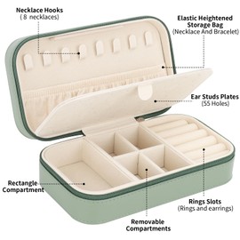 DesignSter Travel Jewelry Box, PU Leather Portable Jewelry Case, Small Jewelry Boxes for Gifts, Travel Jewelry Organizer for Women Rings Earrings Necklaces Bracelets (Avocado Green)