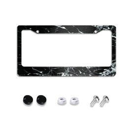 Black Cracked Marble License Plate Cover Frames Holder Car Accessories for Women, White Aluminum Car Tag Frame Decoration Accessory with 2 Holes and Screws 12X6 US Vehicle Standard Gifts for Men