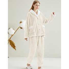 Gihuo Womens Pajamas Set Fluffy 2 Piece Pjs Fuzzy Top Pants Loose Coral Fleece Loungewear Sleepwear Winter Warm Pj(Beige-L)