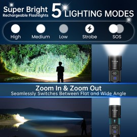 TrixHub Rechargeable Flashlights 2 Pack, Super Bright High Lumens Flash Light, 5 Modes Zoomable Linternas with LCD Digital Display, Powerful Handheld LED Flashlights for Home Emergencies Camping
