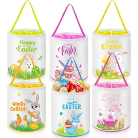 Capoda 6 Pcs Easter Bunny Basket Bags Canvas Rabbit Easter Buckets Eggs Hunt Candy Gift Bags for Party Decor(Lovely)
