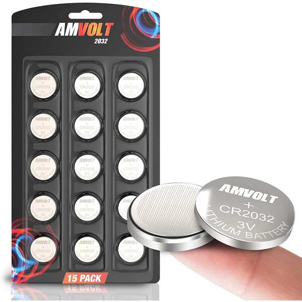 15 Pack AmVolt CR2032 Battery 220mAh 3 Volt Lithium Battery Coin Button Cell 2023 Expiry Date