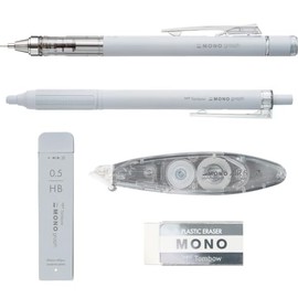Tombow Pencil MONO PCC-541CAZ Stationery Set, Grayscale, Light Gray, 5 Piece Set (Mechanical Pencil, Pencil Lead, Eraser, Ballpoint Pen Correction Tape)