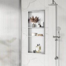 Qeke Stainless Steel Shower Niche 12" X 30", No Tile Needed Wall Niche Three-Tier Shower Niche, Recessed Shower Shelf for Bathroom Storage, Brushed Nickel