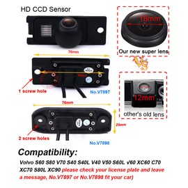HD 1280 * 720 Pixel Vehicle License Plate Reverse Backup Camera Parking Camera Replacement for Volvo S60 S80 V70 S40 S40L V40 V50 S60L V60 XC60 C70XC70 S80L XC90(No.V7897=1 Screw Hole)