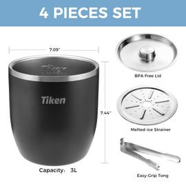 3L Double-Wall Vacuum Insulated Ice Bucket with Lid & Tong Stainless Steel Champagne Buckets for Cocktail Bar, Parties & Outdoor