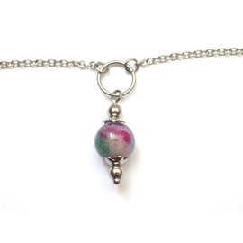 Stainless steel anklet chain for women with jade pearl pendant tinted in purple, blue and white