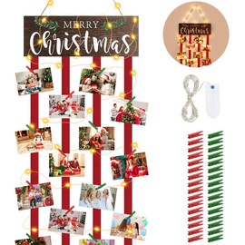 Farochy Christmas Card Holder Christmas Picture Board Picture Frames Collage Christmas Card Display with 30 Photo Clips and String Lights
