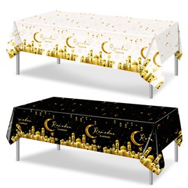 PHOGARY Ramadan Decorations 2 Pcs Ramadan Kareem Tablecloth, Ramadan Tablecloths Disposable Rectangle Plastic Eid Mubarak Table Covers for Eid Al-fitr Party Eid Decorations 54" X108", Black and White