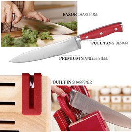 Diamosteel Red Knife Set, 15-Piece Knife Block Set with Built-in Sharpener Scissors for Kitchen, Dishwasher Safe Knives Set Elegant Present for Family & Restaurant