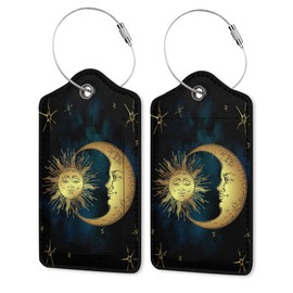 2 Pack Leather Luggage Tag for Suitcase Moon Sun Zodiac Signs Unique Travel Tags with Privacy Cover ID Label & Stainless Steel Loop for Men and Women Baggage