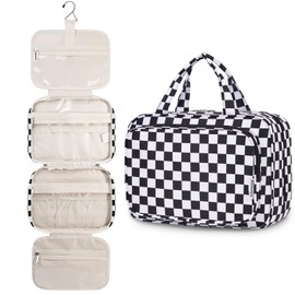 Narwey Checkered Hanging Travel Toiletry Bag for Women Wash Bag Cosmetics Makeup Bag Organizer for Travel Size Accessories (Checkerboard Black (Medium))