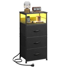 WLIVE LED Nightstand with Charging Station, Black Night Stand with 3 Fabric Drawers and Storage Shelf, Small Dresser for Small Space, Bedside Table with USB Ports and Outlets for Bedroom
