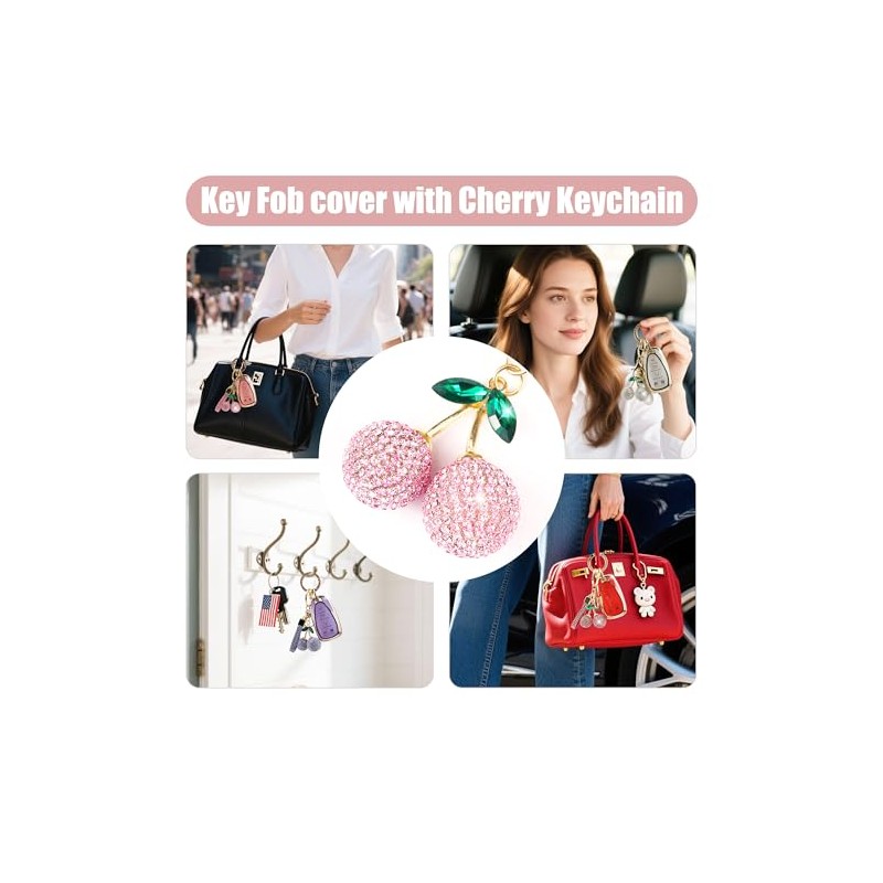 Sparkly Gold Pink Key Fob Cover with Cherry Keychain for