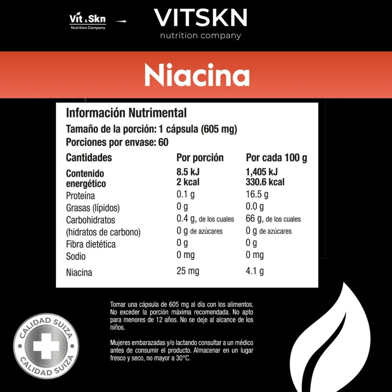 Niacina Vitamina B3 Súper Premium Vit & Skn 60 Cápsulas