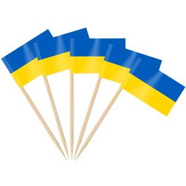 AhfuLife Ukraine Flag Toothpick Flags Picks, 100 Pcs Mini Ukraine Cupcake Toppers, Small Ukrainian Stick Flag Double-sided for National Day, Birthday Party Decorations