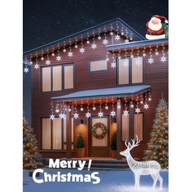 BEEWIN Christmas Snowflake Icicle Lights,8.2 FT 144 LED Snowflake Lights Outdoor with Timer,8 Modes Waterproof Connectable Christmas Light Plug in for Curtain Eave Window Indoor Outdoor Decor(White)