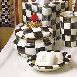 Stainless Steel Squash Pot Canister – Enamel Courtly Check Black and White Print Lidded Bowl – 20 oz by MacKenzie-Childs