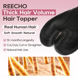 REECHO Human Hair Toppers with Bangs, Thick Hair Volume Topper Hairpiece for Women Real Human Hair Extensions for Daily Wear, Natural Black