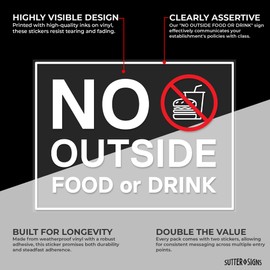 No Outside Food or Drink Sign, Clear Self Adhesive Vinyl Stickers, 8" x 6" (Pack of 2)