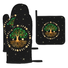 Black Oven Mitts and Pot Holders Sets of 3 Heat Resistant Hot Pads Ancient Life Tree Decorative Oven Gloves for Cooking Grilling Baking Kitchen Moon Luna Hippy Decor