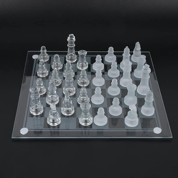 Glass Chess Set, 25x25cm Modern Clear Glass International Chess 1 Checkerboard and 32 Chessman Modern Clear Chess Set Glass Chess Board Set with Solid Clear & Frosted Chess Glass Pieces