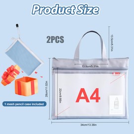 Document Bag A4, 2 Pieces Document Bag Zip Document Bag A4 Mesh with Handle Waterproof Mesh Bag with Zip Double Layer for Students Office Supplies (Grey)
