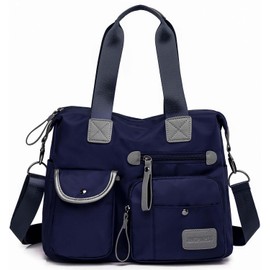 Tote Bags for Women, Large Capacity Top Handle Shoulder Handbag Travel Tote Purse with Multi Pockets & Zipper, Waterproof Nylon Crossbody Tote Bag for Work, Office, Travel, Casual (Pure Blue)