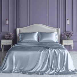 SLEEP SANCTUARY Satin Sheets King Size – 4 Piece Luxury Silky Bed Set, Softer Than Silk, 15" Deep Pocket, Cooling & Wrinkle-Free, Moisture-Wicking & Breathable for Hair & Skin (Baby Blue)
