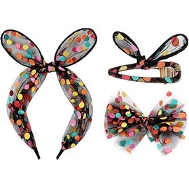 Tulle Polka Dot hair bow clips Set, Headbands for Women, Big Hair Bows for Girls, White Bow for Hair (Black, One size)