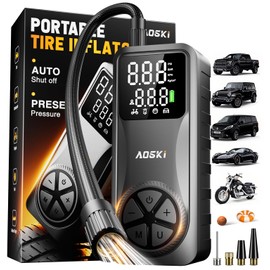 AOSKI Tire Inflator Portable Air Compressor: 150PSI Rechargeable Air Pump with Digital Pressure Gauge, LED Light and Auto Shut-Off - Fast Inflation for Car, Motorcycle, Bike, and Ball - Black