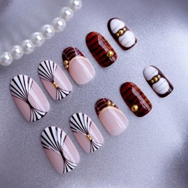 Uñas postizas de almendra, color marrón, tamaño mediano, estilo francés, para playa, para mujer, 24 unidades