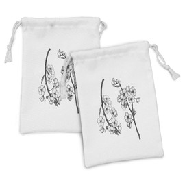 Ambesonne Charcoal Grey Fabric Pouch Set of 2, Garden Themed Vintage Artwork of Sakura Flowers Branches Blooming Details, Small Drawstring Bag for Toiletries Masks and Favors, 9" x 6", White